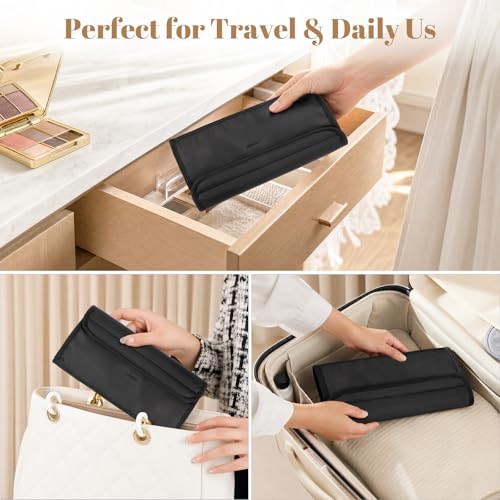 Travel Jewelry Organizer Case, Anti-Tangle Necklace Roll Bag with 12 Hooks & Clear Pockets, Foldable Chains Bracelets Storage for Women, Portable Lightweight Jewelry Holder