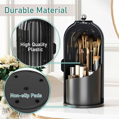 GAXmi Makeup Brush Holder with Lid Rotating Cosmetic Organizer, Dark Black - color: Dark Black