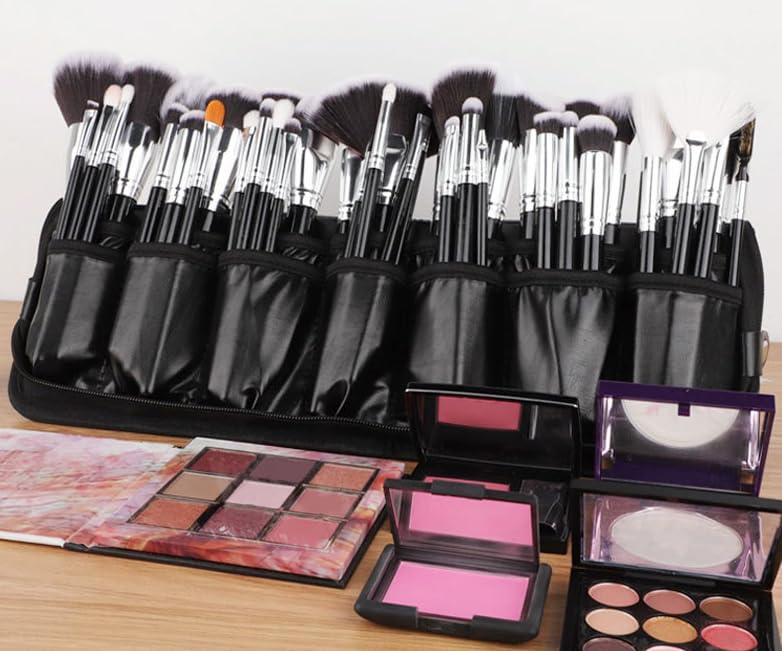 Professional Makeup Brush Organizer Bag PU Leather Travel Case | Multiple pockets portable case, safely store and protect brushes for makeup artists