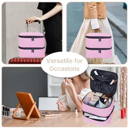 Double Layer Makeup Bag with Adjustable Dividers, Pink - color: Pink