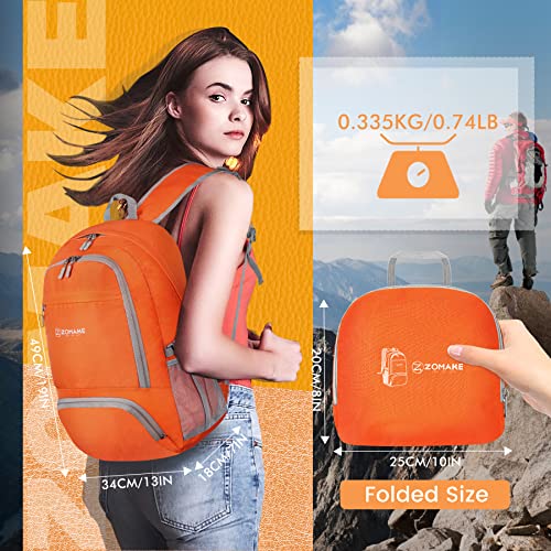 ZOMAKE Lightweight Packable Backpack 30L, Foldable Travel Hiking Daypack - color: Orange