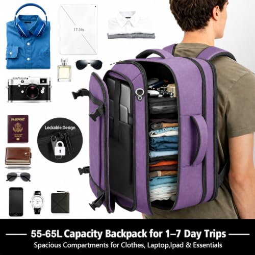 Travelability Expandable Carry On Backpack 1-7 DAYS Roomy Capacity - color: Purple, size: 18.4inch - 23.2"x14.9"x9.4"(+3.5")