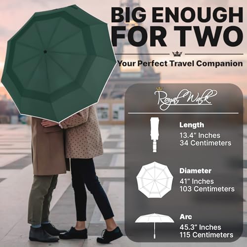 Royal Walk Compact Travel Umbrella for Rain, Windproof, Small & Portable - color: Dark Green