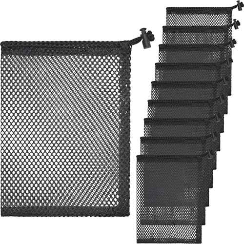 10 Pcs Mesh Drawstring Bag 6" x 8" with Cord Lock Closure, Durable Mesh Bag for Laundry Travel Beach Toys Seashell Collecting (Black) - size: 6x8 Inch(10pack)