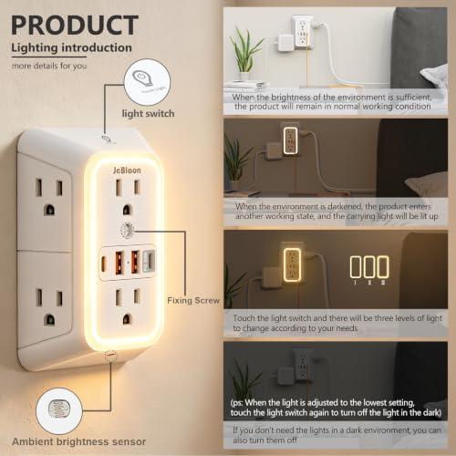 Wall Outlet Extender with Night Light, Power Plug Adapter Multi Plug Outlet Surge Protector with 4 USB Charging Ports (2 USB C), Adapter Spaced Outlets for Home Travel Office-ETL - color: White Night Light 1 Pack