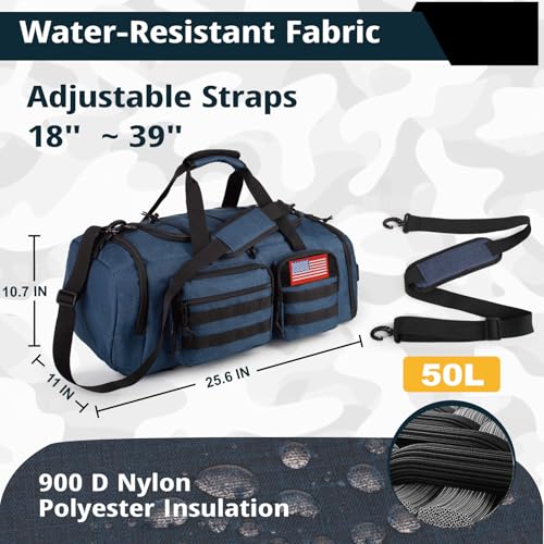 Tactical Gym Bag for Men,50L Large 3-in-1 Sports Duffle Bag for Travel Gym - color: Blue