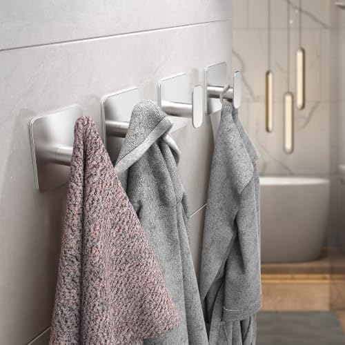 Aikzik 4 Pack Large Heavy Duty Wall Hooks - 26lb Max, Stainless Steel Adhesive Towel Hook, Shower Hooks for Hanging Towel, Coat, Robe, Sticky Wall Mount Hook for Bathroom, Kitchen and Door, Silver - color: Silver-Large4