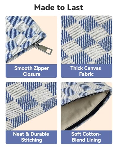 Gingham Canvas Makeup Bag Set Preppy Travel Makeup Pouch for Purse - color: Checkered Blue Canvas