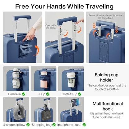 mixi Large Checked Luggage with Cup Phone Holder and Charger Hard Shell Suitcases with Spinner Wheels, 24 Inch Sapphire Blue - color: Sapphire blue, size: 24-inch
