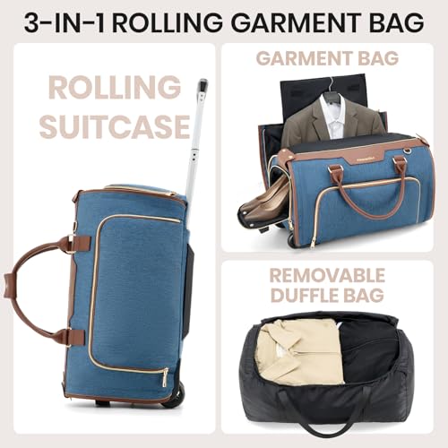 Fanwoli Carry-On Rolling Garment Bag with Wheels, Suit Travel Bag - color: Blue