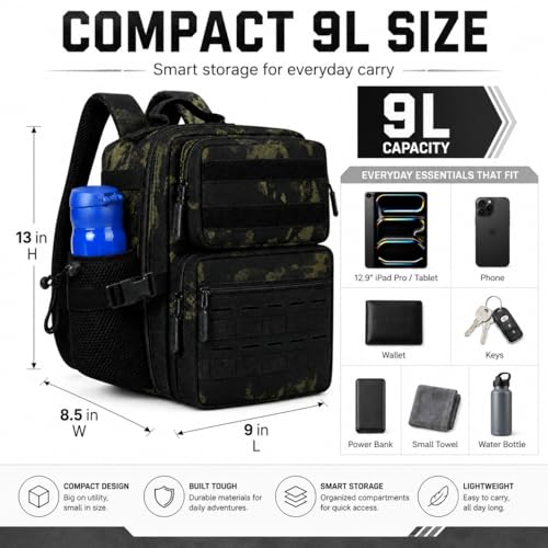 9L Mini Tactical Backpack for Men and Women, Gym Hiking Travel Daypack - color: Black Camo