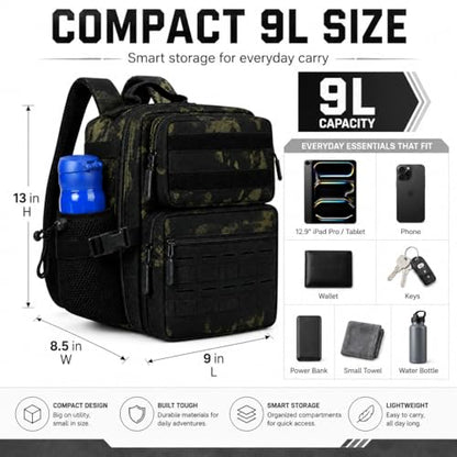9L Mini Tactical Backpack for Men and Women, Gym Hiking Travel Daypack - color: Black Camo