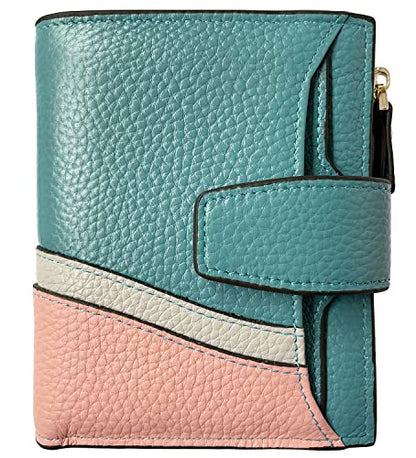 Women's RFID Blocking Leather Small Compact Bi-fold Zipper Pocket Wallet Card Case Purse with id Window - color: Wavy Sky Blue