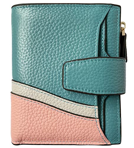 Women's RFID Blocking Leather Small Compact Bi-fold Zipper Pocket Wallet Card Case Purse with id Window - color: Wavy Sky Blue