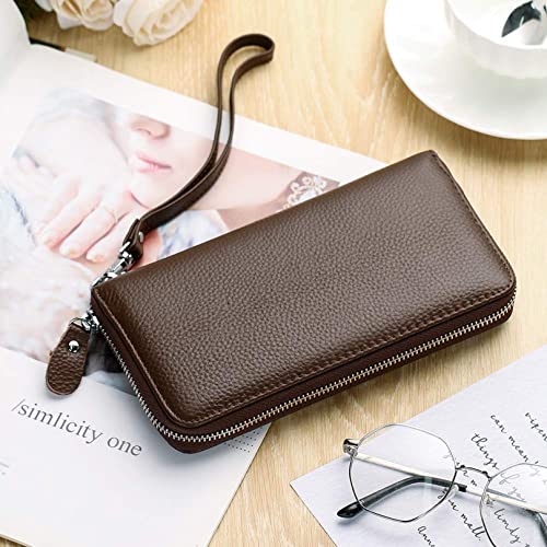 Moflycom Womens Wallet RFID Blocking Genuine Leather Zip Clutch Wristlet - color: Coffee