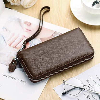 Moflycom Womens Wallet RFID Blocking Genuine Leather Zip Clutch Wristlet - color: Coffee