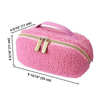 BYOOTIQUE Plush Makeup Bag Open Flat Travel Toiletry Accessories w/Handle - color: Pink, size: S