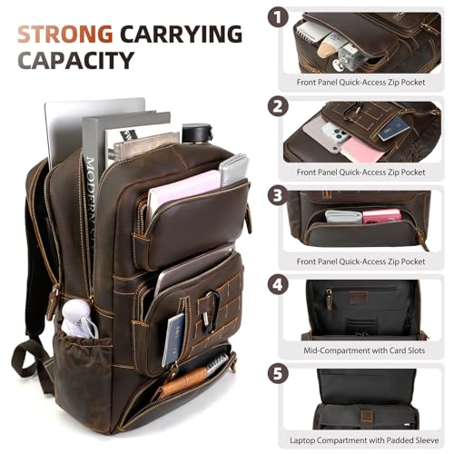 Full Grain Leather Backpack for Men, 16" Laptop Travel Rucksack, Brown - size: fits 16" laptop