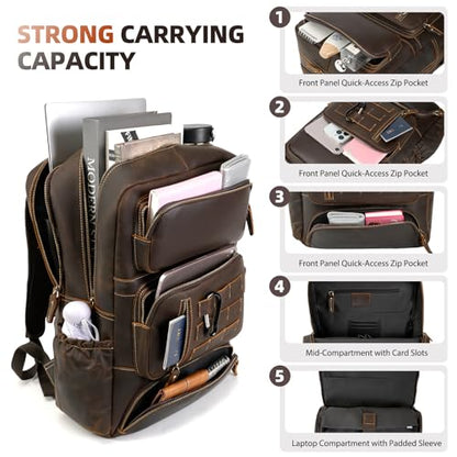 Full Grain Leather Backpack for Men, 16" Laptop Travel Rucksack, Brown - size: fits 16" laptop