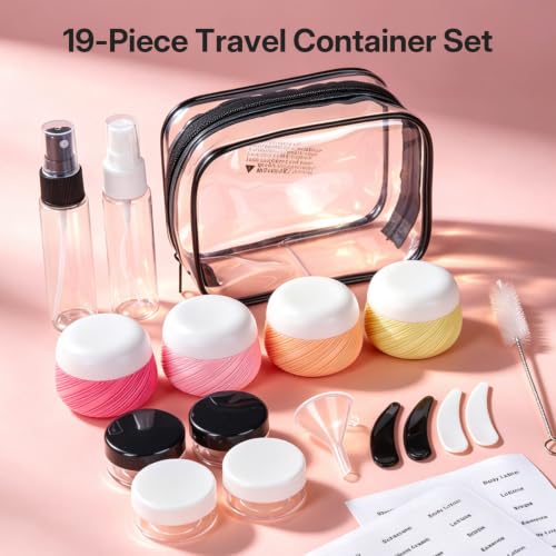 LitBear 19 Pack Travel Size Containers for Toiletries, TSA Approved | Leakproof, Refillable, 1oz, Silicone Containers, Cream Jars, Fine Mist Spray Bottles, Clear Bag, Shampoo, Lotion, Cosmetics - color: Pink