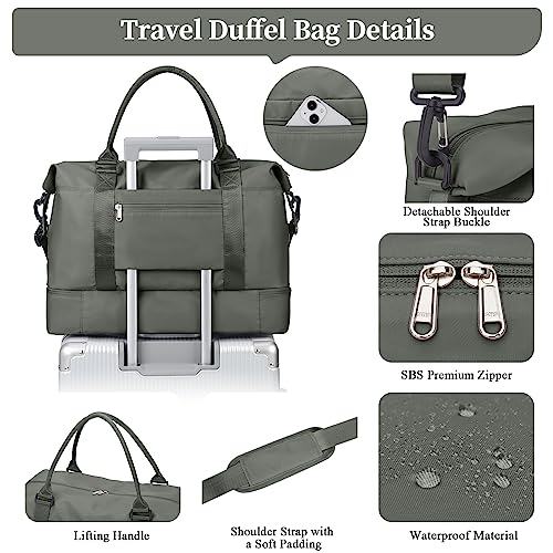 Weekender Bags for Women, Personal Item Travel Bag with Shoes Compartment - color: Olive Green, size: Large