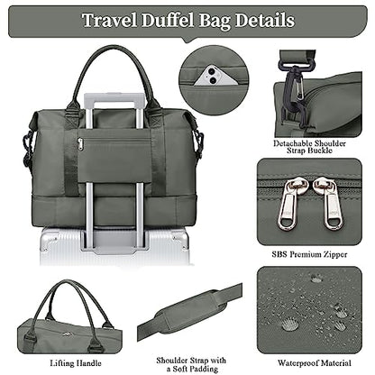 Weekender Bags for Women, Personal Item Travel Bag with Shoes Compartment - color: Olive Green, size: Large
