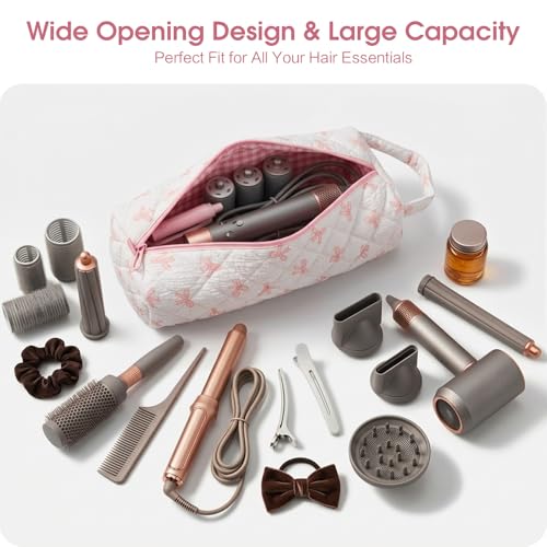 Quilted Hair Tools Travel Bag Compatible with Dyson Airwrap Shark FlexStyle - color: Pink Bow