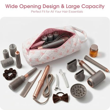 Quilted Hair Tools Travel Bag Compatible with Dyson Airwrap Shark FlexStyle - color: Pink Bow