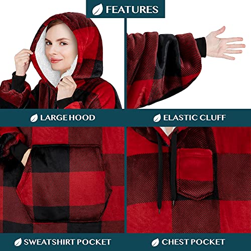 PAVILIA Blanket Hoodie for Women Red, Sherpa Wearable Blanket Men, Cozy Oversized Sweatshirt Blanket, Warm Fleece Hooded Blanket Sweater with Sleeves and Giant Pocket, Adult Long, Plaid Red - color: Plaid Red