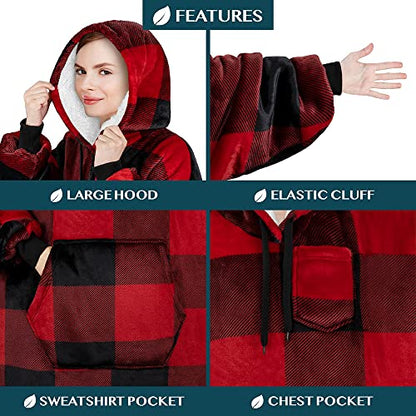 PAVILIA Blanket Hoodie for Women Red, Sherpa Wearable Blanket Men, Cozy Oversized Sweatshirt Blanket, Warm Fleece Hooded Blanket Sweater with Sleeves and Giant Pocket, Adult Long, Plaid Red - color: Plaid Red