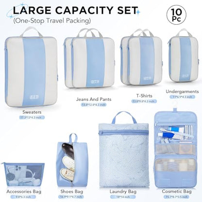 OlarHike 10 Set Compression Packing Cubes for Travel Essentials,Compressible Expandable Space Saver Bags for Organizing Clothes,Luggage Suitcase Garment Bags with Over 1000 pcs Mesh Holes(Light Blue) - color: Light Blue