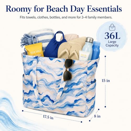 LEDAOU Beach Bag Waterproof Sandproof Women Beach Tote Pool Bag with Zipper for Swim Gym Grocery Travel with Wet Pocket - color: Blue Waves