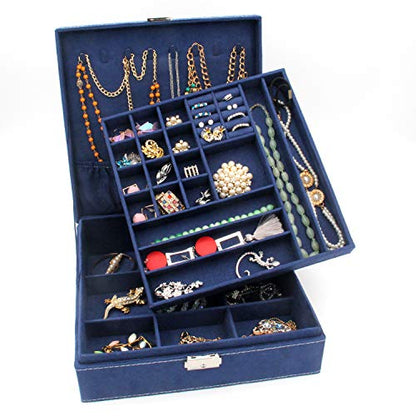 Two-Layer Jewelry Box Organizer Display Storage case with Lock (Deep Blue) - color: Deep Blue