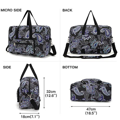 Foldable Travel Duffel Bag, Medium Women's Weekender and Overnight bag carry on Luggage bag for Women - color: Black Paisley