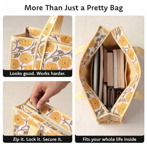 100% Cotton Floral Hand Block Print Quilted Tote Bag for Women - color: Yellow Marigold Pattern