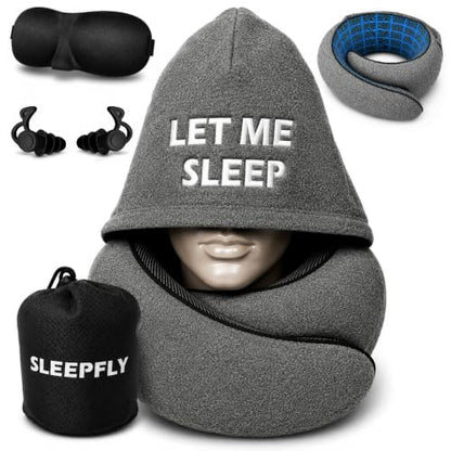 sleepfly Travel Neck Pillow with Hood - Travel Essentials Kit : Hooded Pillow, Eye Mask, Silicone Earplugs & Storage Bag - Ergonomic Memory Foam Neck Support for Airplane