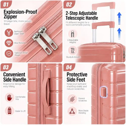 3 Pcs 20"/24"/28" Luggage Sets Suitcase with Wheels Large Checked Travel Suitcases，3 Piece Hard Shell Lightweight Luggage with TSA Lock, - color: 3 PCS & Rose Pink