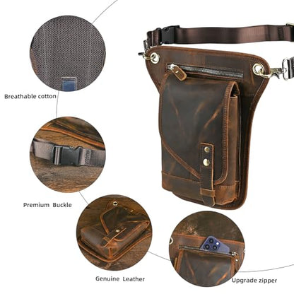 Water Resistant Canvas + Leather Motorcycle Fanny Waist Pack One Shoulder Drop Leg Thigh Bag For Men Women FB211-6 - color: 211-6 Brown