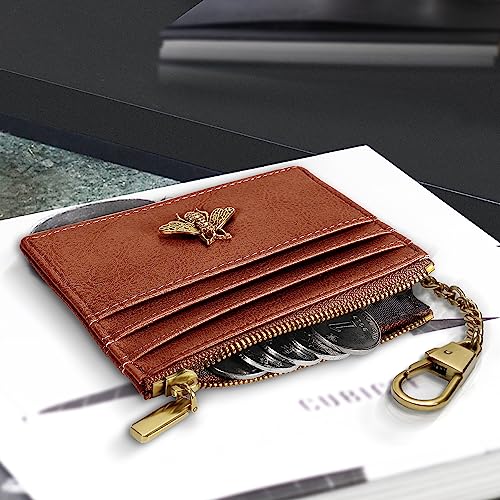 SEAVILIA Card Holder Keychain Wallet for Women with ID Window RFID Coin Purse Bee Gifts Slim Minimalist Small Wallet - color: Brown