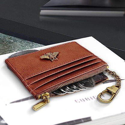 SEAVILIA Card Holder Keychain Wallet for Women with ID Window RFID Coin Purse Bee Gifts Slim Minimalist Small Wallet - color: Brown