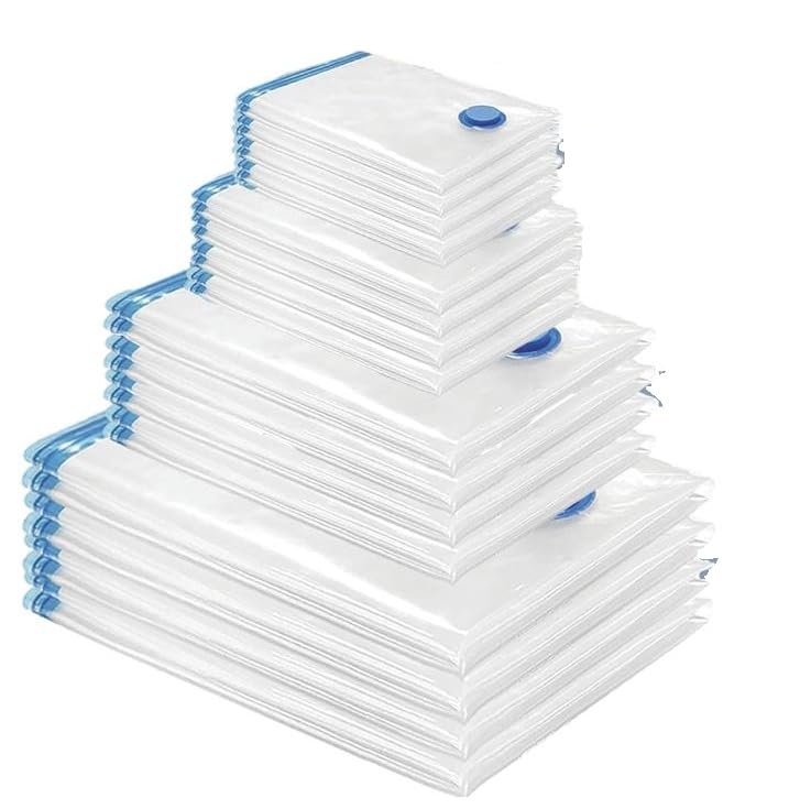 20-Pack Vacuum Storage Bags – Multi-Size (Jumbo to Travel Roll-Up), Double-Zip Seal, Triple-Seal Turbo Valve & Hand Pump – Space-Saving, Reusable, Transparent
