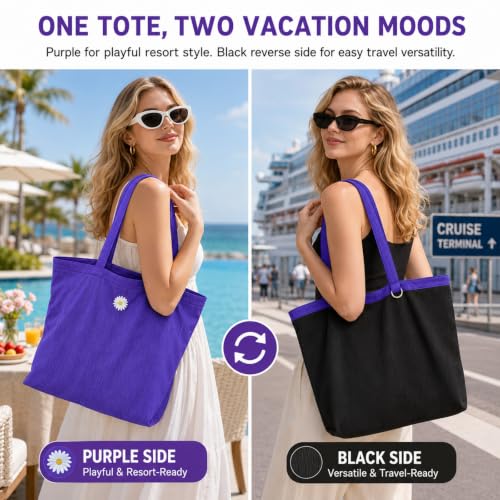 Purple Black Packable Tote Bag for Women with Pockets, Everyday Tote Bag
