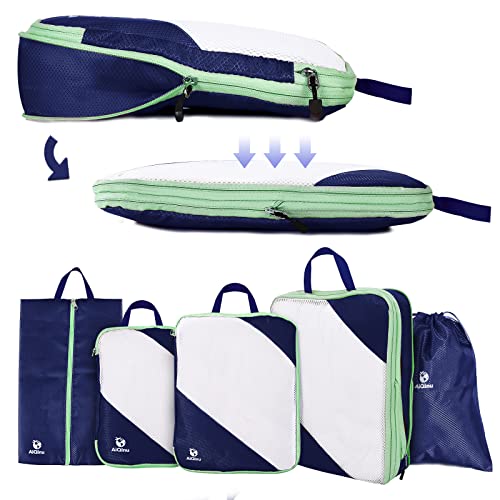 AiQInu Packing Cubes Compression, Pack of 5 Packing Bags, Compression Suitcase Organiser Set with Laundry Bag and Shoe Bag, Ultralight, Expandable, Travel Pack Organiser for Hand Luggage (Dark Blue) - color: Darkblue