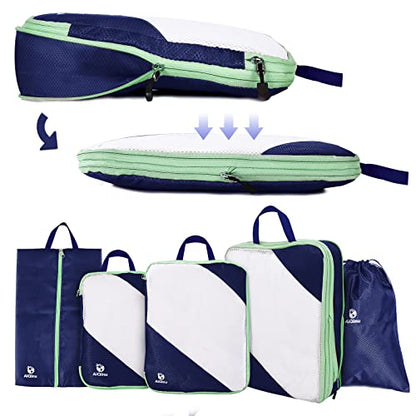 AiQInu Packing Cubes Compression, Pack of 5 Packing Bags, Compression Suitcase Organiser Set with Laundry Bag and Shoe Bag, Ultralight, Expandable, Travel Pack Organiser for Hand Luggage (Dark Blue) - color: Darkblue