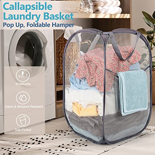 BATTOO Deluxe Strong Mesh Pop up Laundry Hamper Basket with Side Pocket for Laundry Room, Bathroom, Kids Room, College Dorm or Travel 2 x Grey - color: Grey+Grey