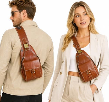 Genuine Leather Hiking Travel DayPack Sling Crossbody Triangle Chest Pack Bag For Men Women 8241 (E-Coffee 1) - color: E-coffee 1