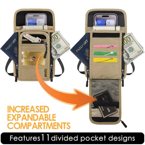 Travel Neck Wallet RFID Blocking – Hidden Passport Holder & Anti-Theft Money Pouch for Men & Women, Lightweight Concealed Undergarment Organizer with Adjustable Strap, Secure Document Holder - color: Khaki