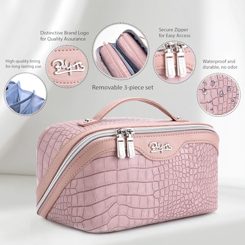 BOYATU Travel Makeup Bag Cosmetic Bags for Women: 3 Pcs Set Large Capacity Make up Bag with Handle - Crocodile Pattern Vegan Leather Toiletry Bags Travel Essentials with Compartments((E-4-Pink) - color: E-4-Pink