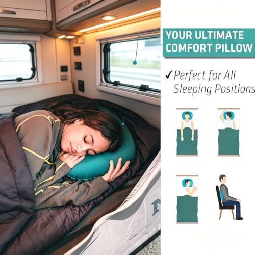 Ultralight Inflatable Camping Pillow, Compressible Compact Travel Pillow, Ergonomic Neck Lumbar Support, Perfect for Camping Hiking Backpacking, Crescent Embossed-Peacock Blue