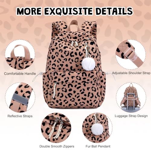 3PCS Corduroy Girls Backpack w/ Lunch Box & Pencil Bag (Brown Leopard) - color: Brown Leopard